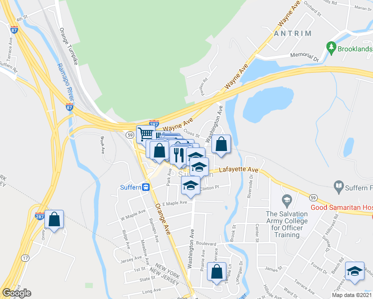 map of restaurants, bars, coffee shops, grocery stores, and more near 15b Suffern Place in Suffern