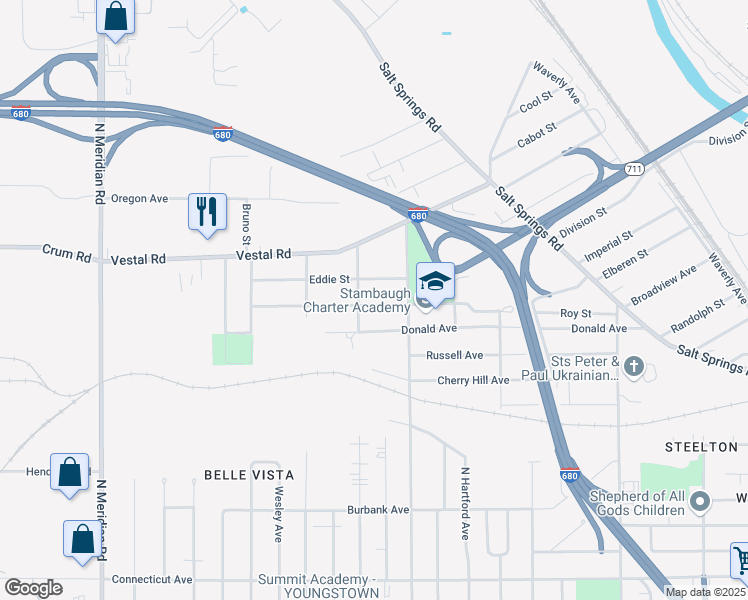 map of restaurants, bars, coffee shops, grocery stores, and more near 2646 Roy Street in Youngstown