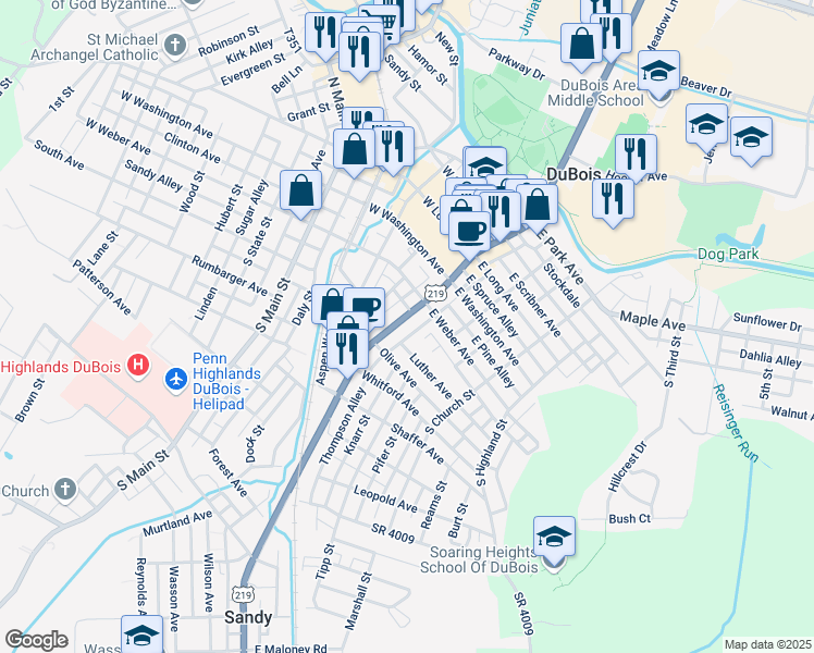 map of restaurants, bars, coffee shops, grocery stores, and more near 221 S Brady St in DuBois