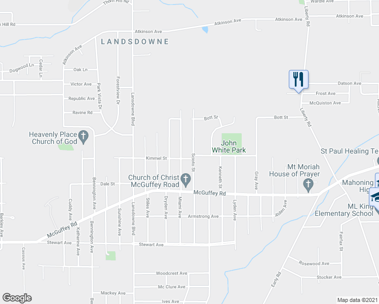 map of restaurants, bars, coffee shops, grocery stores, and more near 1316 Scioto Street in Youngstown