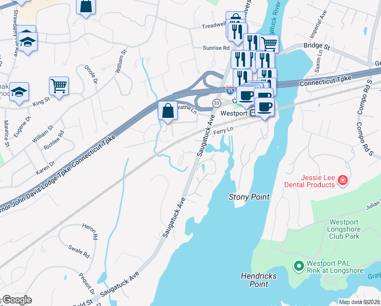 map of restaurants, bars, coffee shops, grocery stores, and more near Indian River Green in Westport
