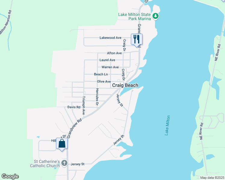 map of restaurants, bars, coffee shops, grocery stores, and more near 1842 Grandview Road in Lake Milton