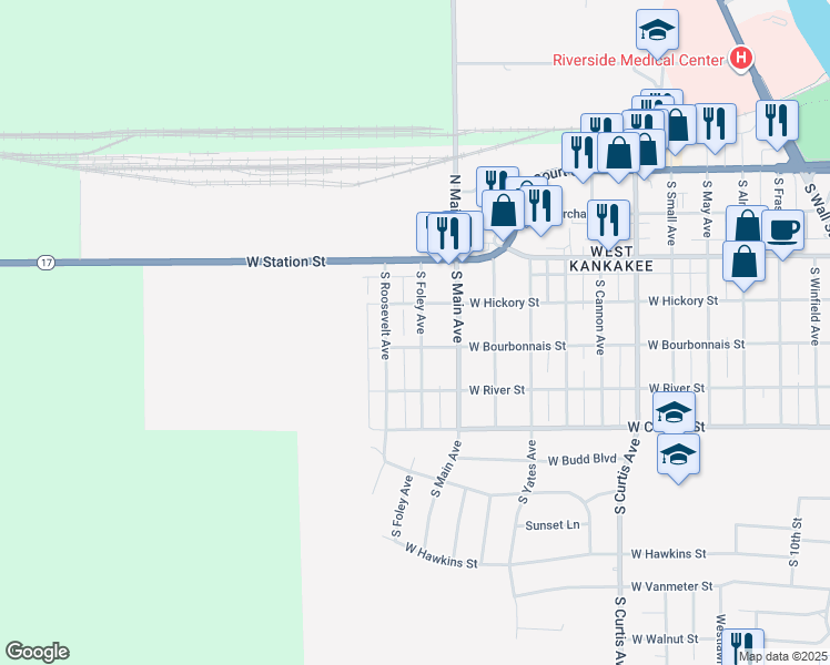 map of restaurants, bars, coffee shops, grocery stores, and more near 467 South Foley Avenue in Kankakee