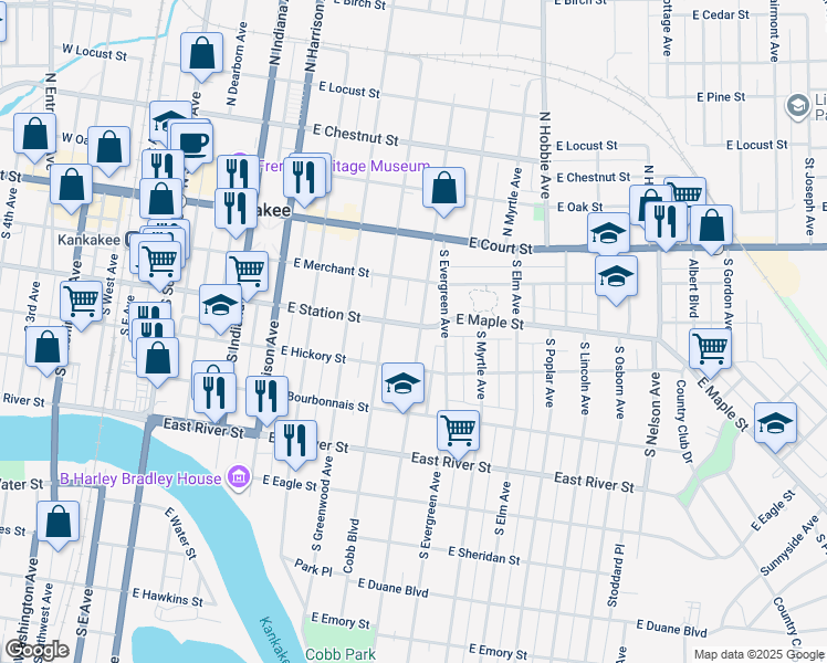 map of restaurants, bars, coffee shops, grocery stores, and more near 309 South Wildwood Avenue in Kankakee