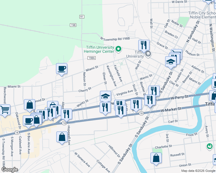 map of restaurants, bars, coffee shops, grocery stores, and more near 120 Elmer Street in Tiffin