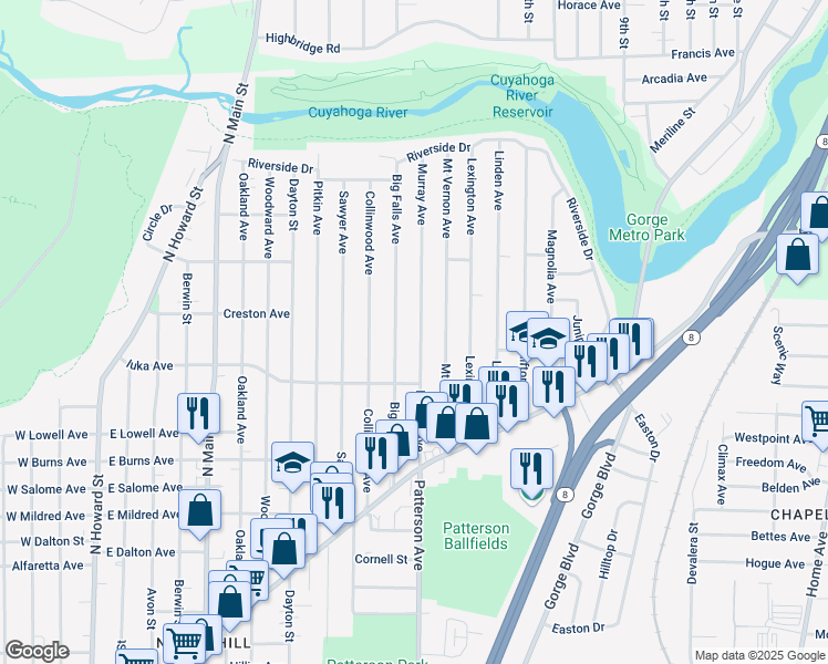 map of restaurants, bars, coffee shops, grocery stores, and more near 1138 Murray Avenue in Akron