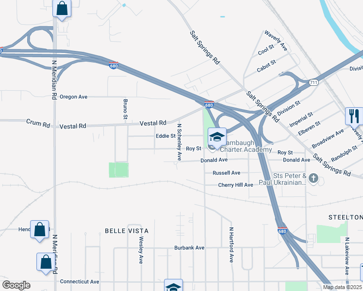 map of restaurants, bars, coffee shops, grocery stores, and more near 1253 North Schenley Avenue in Youngstown