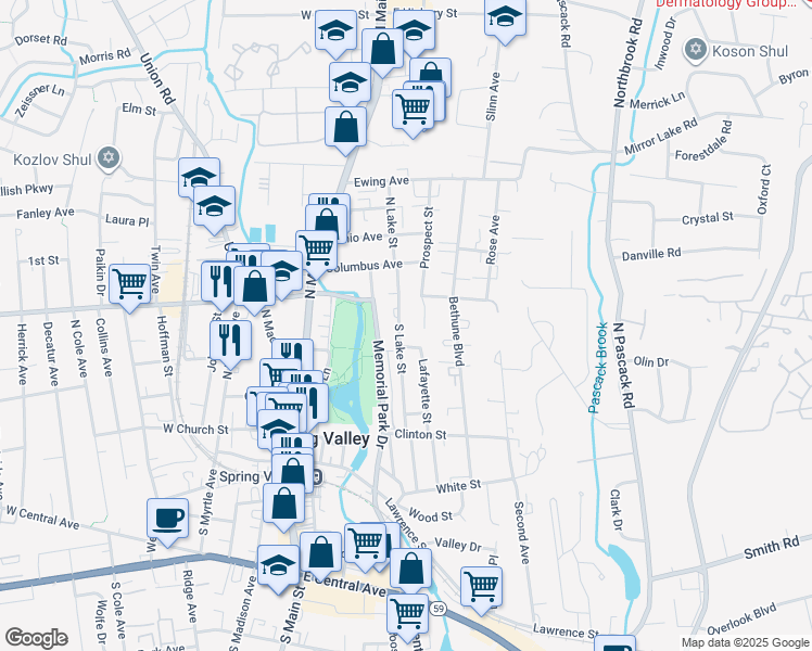 map of restaurants, bars, coffee shops, grocery stores, and more near 122 South Lake Street in Spring Valley