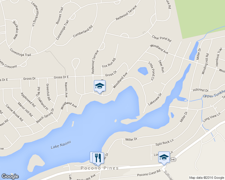map of restaurants, bars, coffee shops, grocery stores, and more near Woodland Avenue in Pocono Pines
