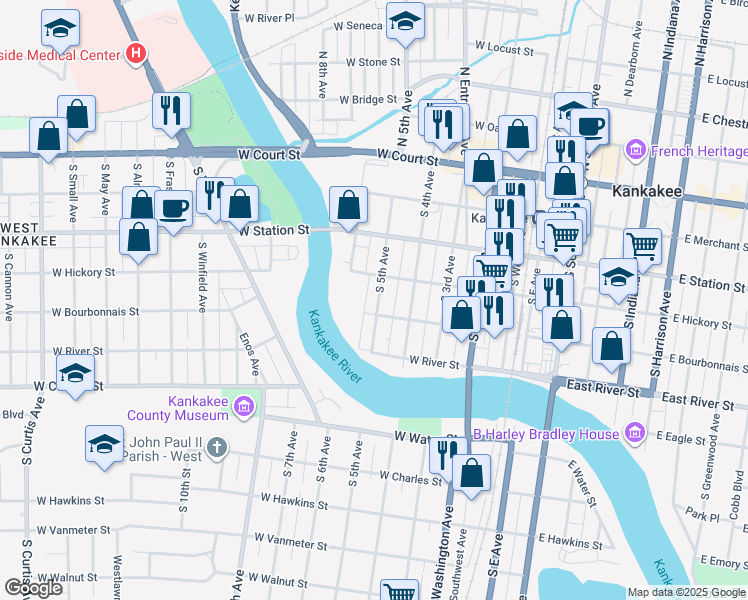 map of restaurants, bars, coffee shops, grocery stores, and more near 471 South 5th Avenue in Kankakee