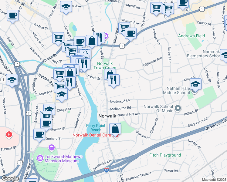 map of restaurants, bars, coffee shops, grocery stores, and more near 99 East Avenue in Norwalk