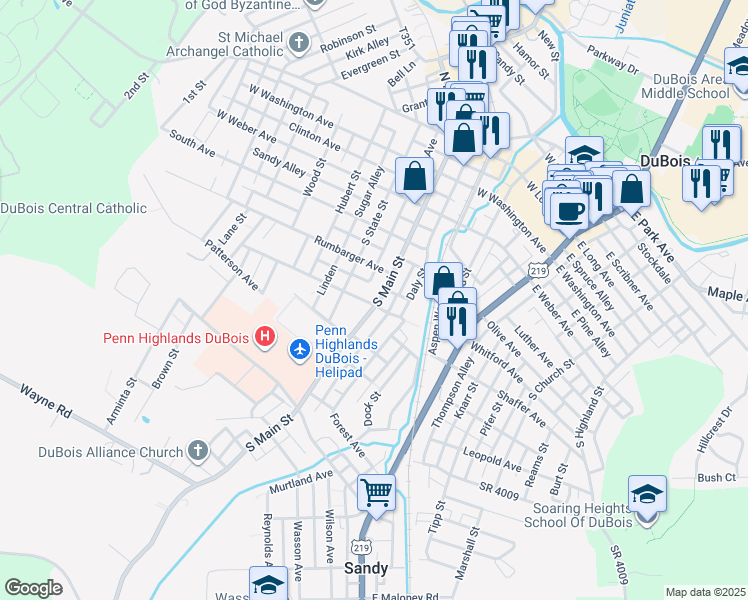 map of restaurants, bars, coffee shops, grocery stores, and more near 416 South Main Street in DuBois