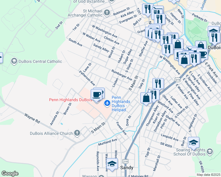 map of restaurants, bars, coffee shops, grocery stores, and more near 313 Spring Avenue in DuBois