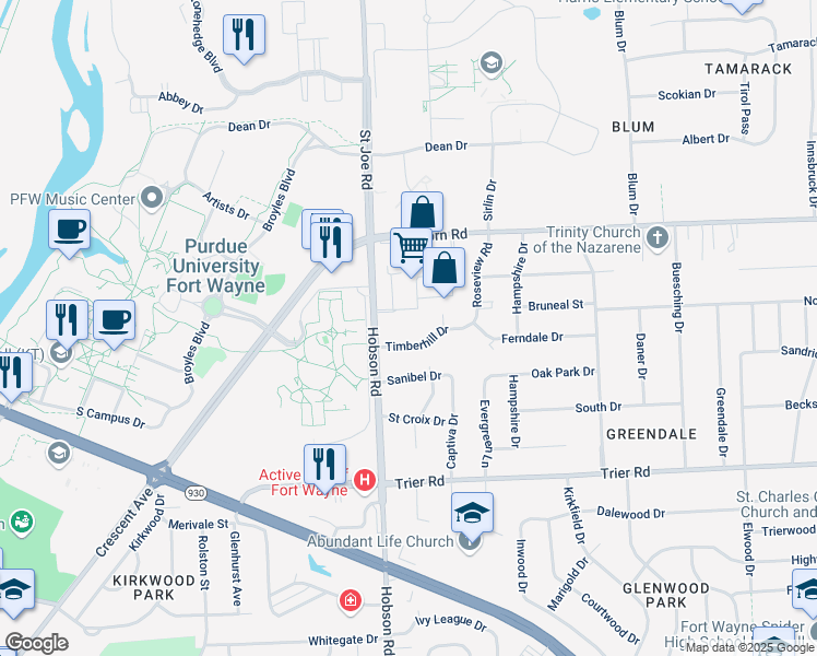 map of restaurants, bars, coffee shops, grocery stores, and more near 3336 Timberhill Drive in Fort Wayne