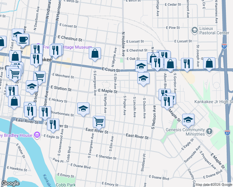 map of restaurants, bars, coffee shops, grocery stores, and more near 1204 East Maple Street in Kankakee