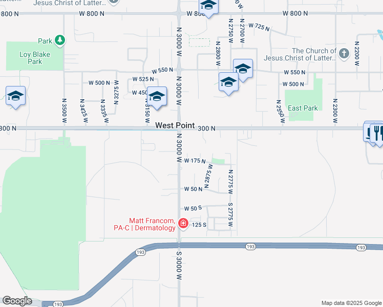 map of restaurants, bars, coffee shops, grocery stores, and more near 198 North 2975 West in West Point