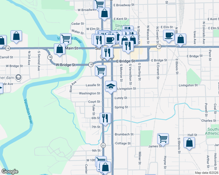 map of restaurants, bars, coffee shops, grocery stores, and more near 318 South Park Street in Streator