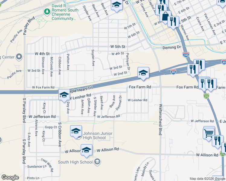 map of restaurants, bars, coffee shops, grocery stores, and more near 1102 West Leisher Road in Cheyenne