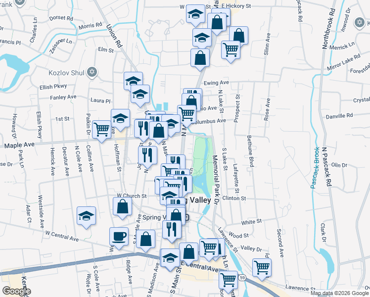 map of restaurants, bars, coffee shops, grocery stores, and more near 129 North Main Street in Spring Valley