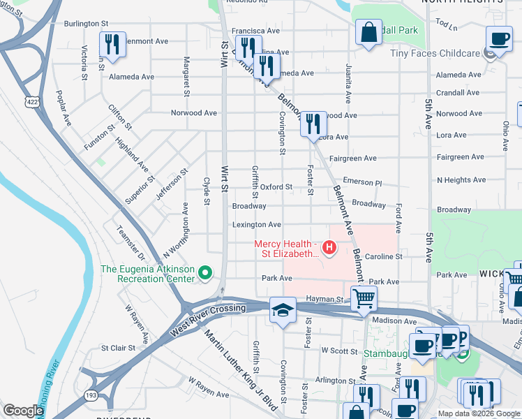 map of restaurants, bars, coffee shops, grocery stores, and more near 715 Broadway in Youngstown