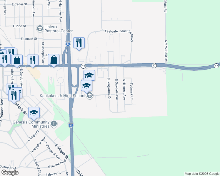 map of restaurants, bars, coffee shops, grocery stores, and more near 250 South Longwood Drive in Kankakee