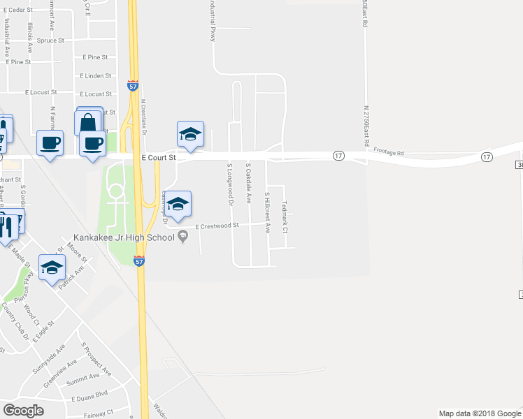 map of restaurants, bars, coffee shops, grocery stores, and more near 267 South Hillcrest Avenue in Kankakee