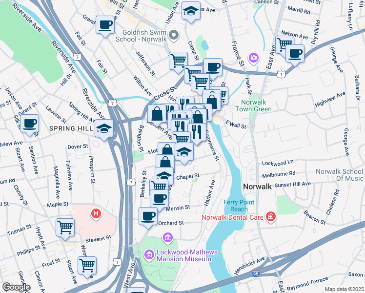map of restaurants, bars, coffee shops, grocery stores, and more near 51 Isaacs Street in Norwalk