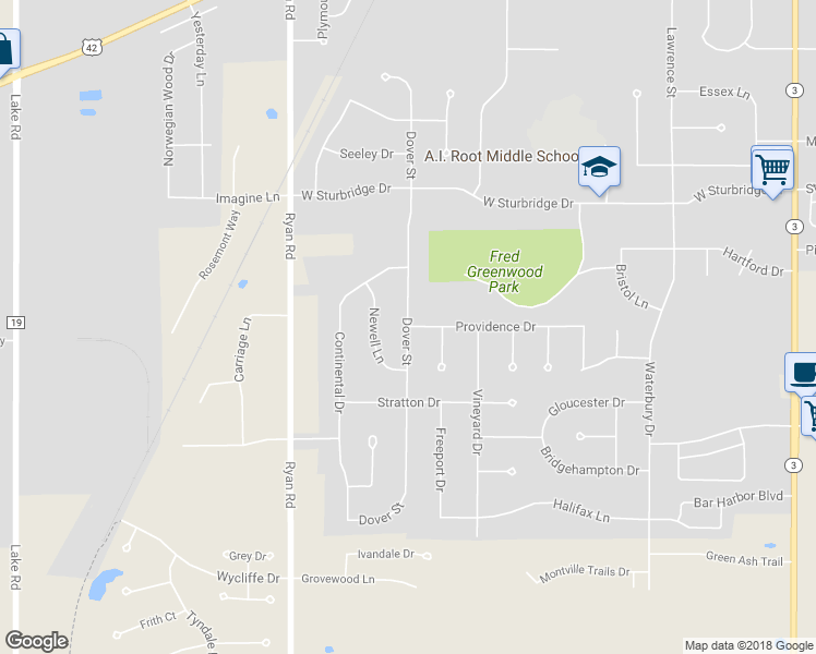 map of restaurants, bars, coffee shops, grocery stores, and more near 1185 Dover Street in Medina