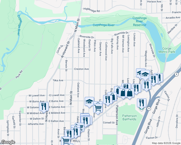 map of restaurants, bars, coffee shops, grocery stores, and more near 1137 Dayton Street in Akron