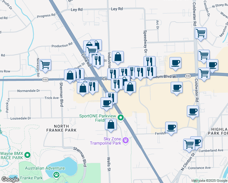 map of restaurants, bars, coffee shops, grocery stores, and more near 4122 Lima Road in Fort Wayne