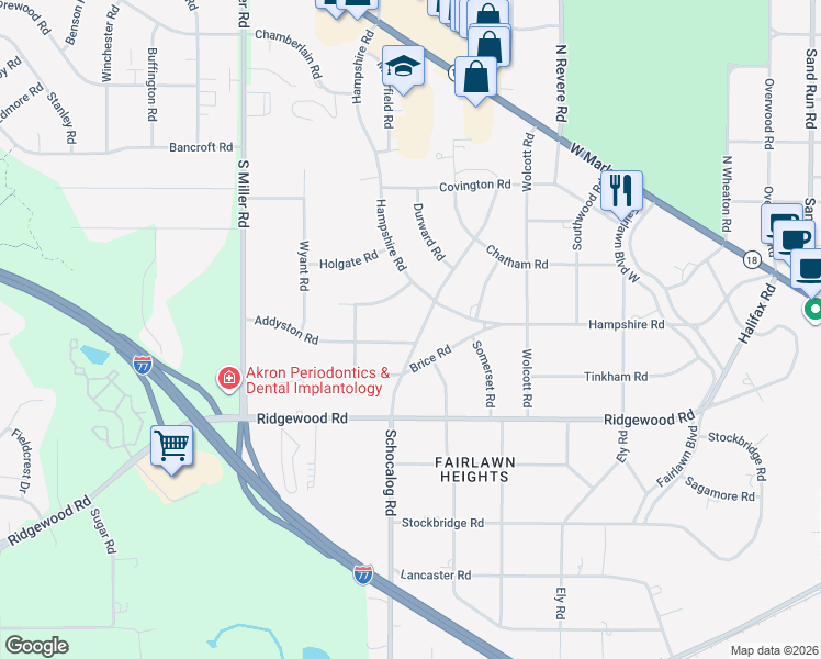 map of restaurants, bars, coffee shops, grocery stores, and more near 250 Schocalog Road in Akron