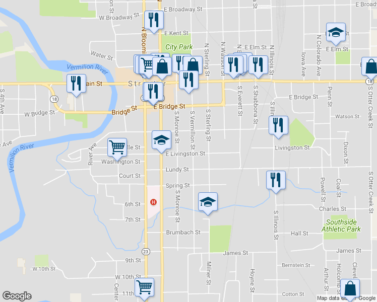 map of restaurants, bars, coffee shops, grocery stores, and more near 318 South Vermillion Street in Streator