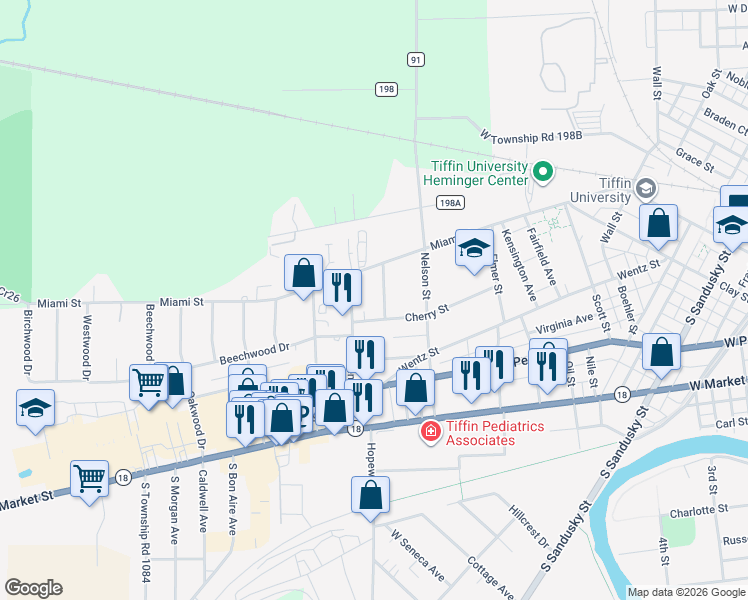map of restaurants, bars, coffee shops, grocery stores, and more near 40 Howard Avenue in Tiffin