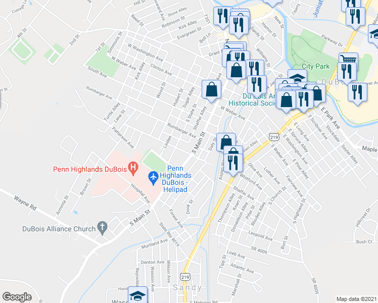 map of restaurants, bars, coffee shops, grocery stores, and more near 416 South Main Street in DuBois