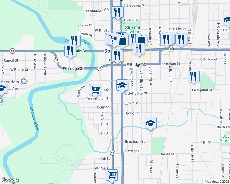 map of restaurants, bars, coffee shops, grocery stores, and more near 318 South Park Street in Streator