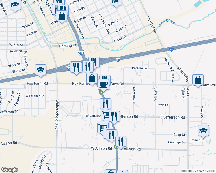 map of restaurants, bars, coffee shops, grocery stores, and more near 103 East Fox Farm Road in Cheyenne