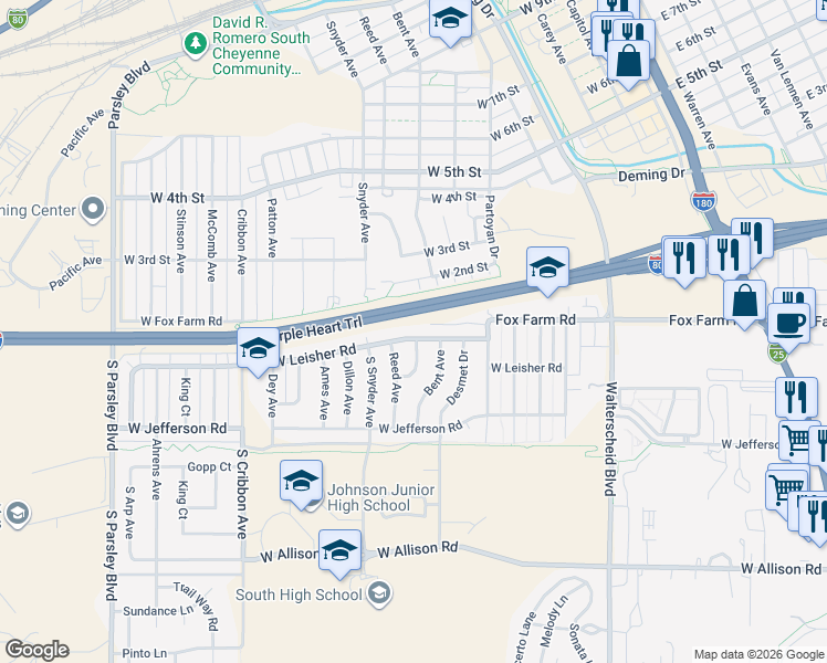 map of restaurants, bars, coffee shops, grocery stores, and more near 1146 West Leisher Road in Cheyenne