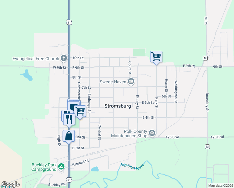 map of restaurants, bars, coffee shops, grocery stores, and more near 605 Wall Street in Stromsburg