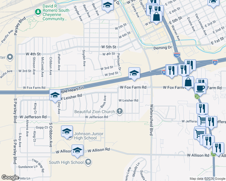 map of restaurants, bars, coffee shops, grocery stores, and more near 1102 West Leisher Road in Cheyenne