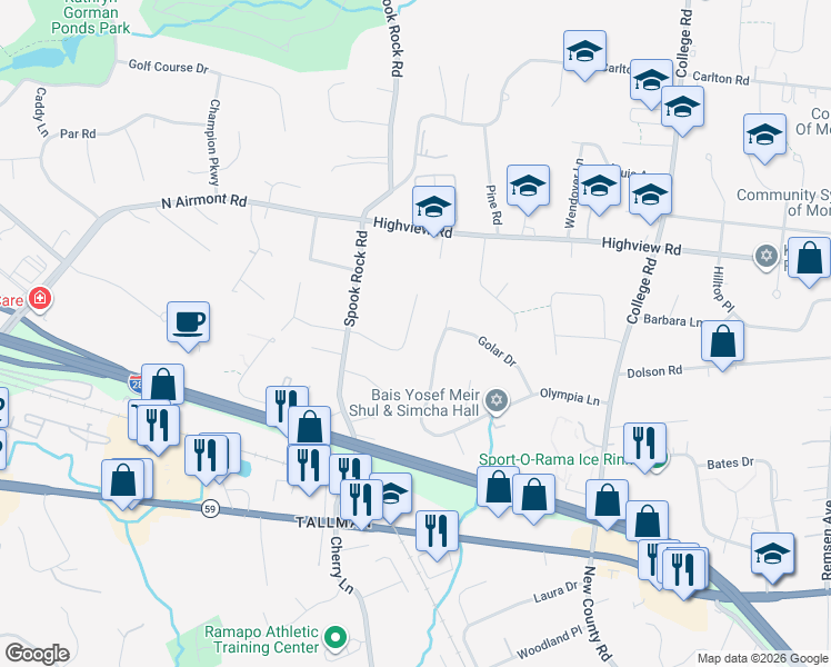 map of restaurants, bars, coffee shops, grocery stores, and more near 13 East Stemmer Lane in Suffern