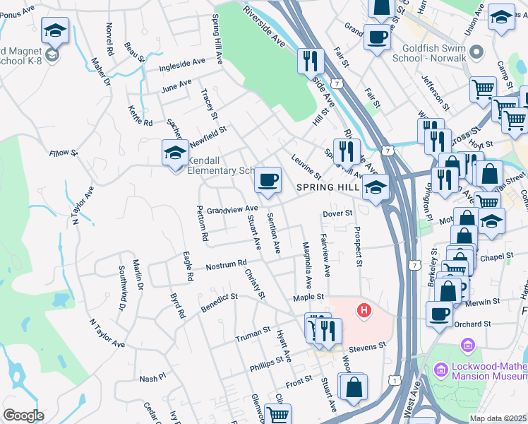 map of restaurants, bars, coffee shops, grocery stores, and more near 48 Grandview Avenue in Norwalk