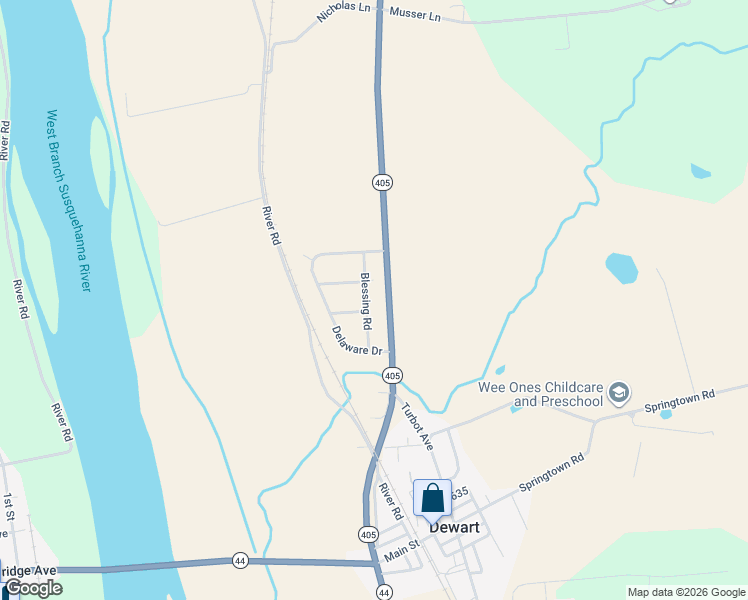 map of restaurants, bars, coffee shops, grocery stores, and more near 13810 Pennsylvania 405 in Watsontown