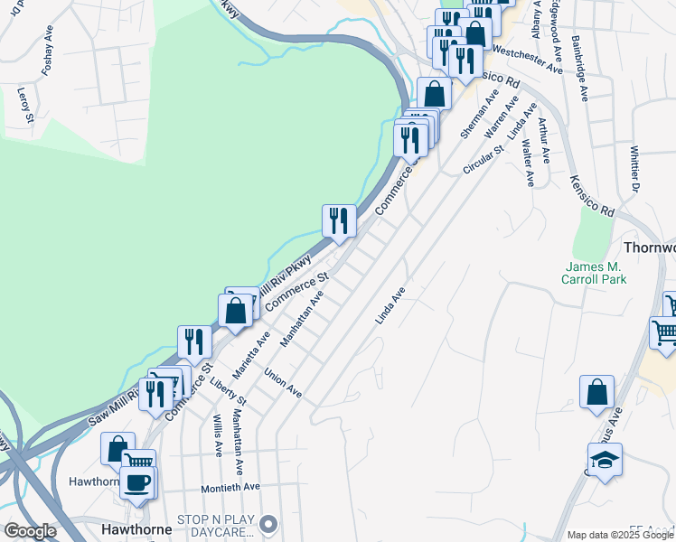 map of restaurants, bars, coffee shops, grocery stores, and more near 660 Commerce Street in Thornwood