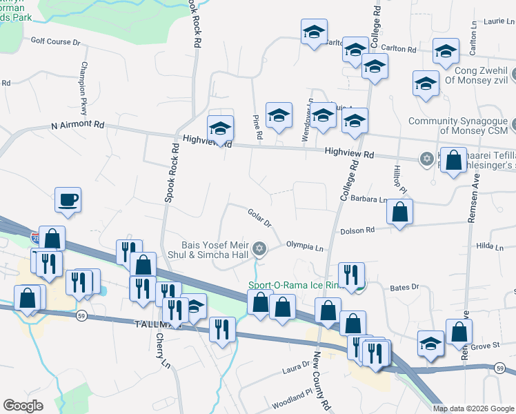 map of restaurants, bars, coffee shops, grocery stores, and more near 11 Golar Drive in Monsey