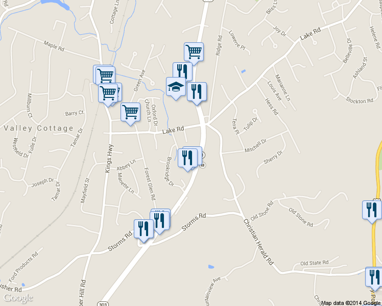 map of restaurants, bars, coffee shops, grocery stores, and more near 54 Brookside Avenue in Valley Cottage