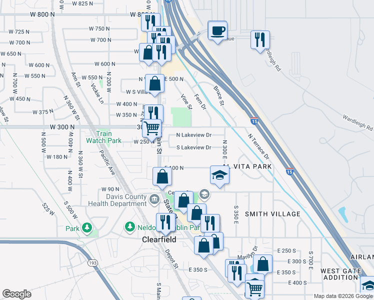 map of restaurants, bars, coffee shops, grocery stores, and more near 126 South Lakeview Drive in Clearfield