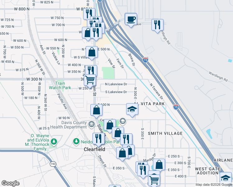 map of restaurants, bars, coffee shops, grocery stores, and more near 162 South Lakeview Drive in Clearfield