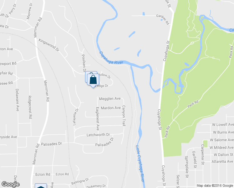 map of restaurants, bars, coffee shops, grocery stores, and more near 577 Megglen Avenue in Akron