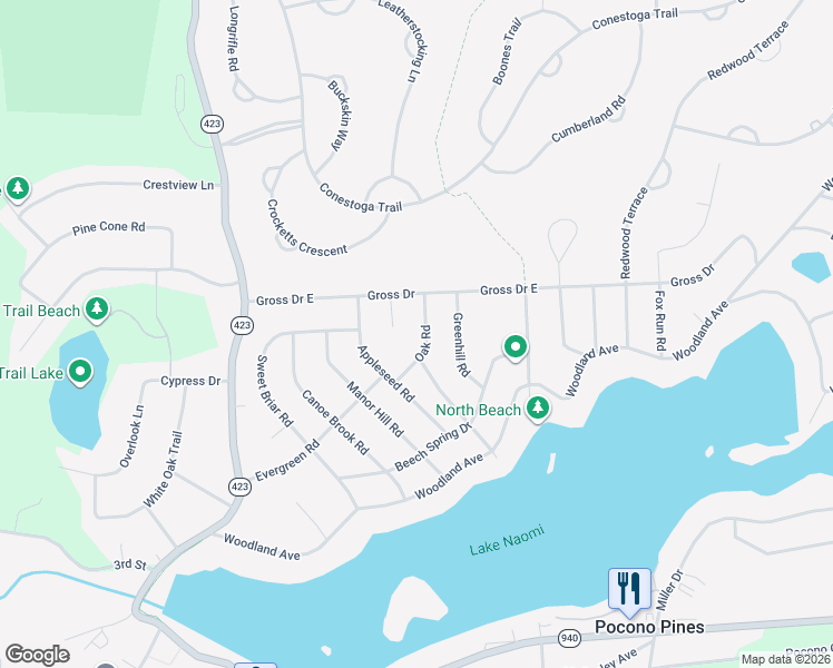 map of restaurants, bars, coffee shops, grocery stores, and more near Oak Road in Pocono Pines