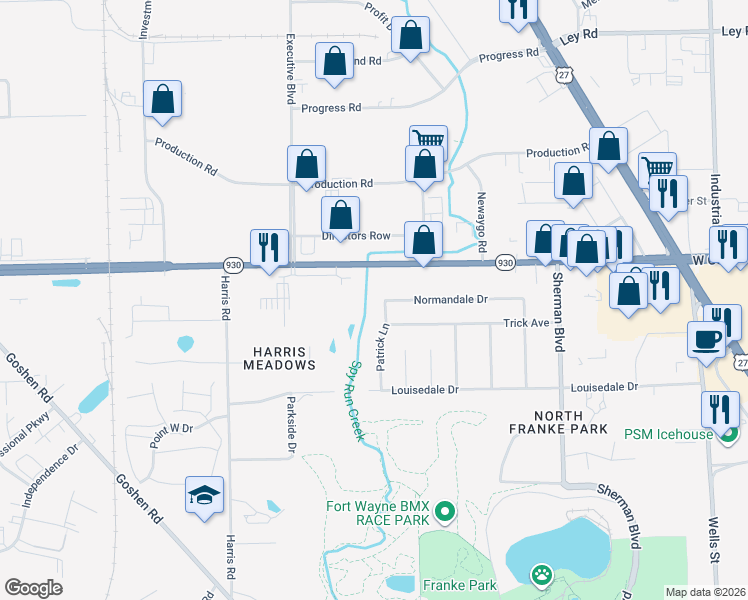 map of restaurants, bars, coffee shops, grocery stores, and more near 4219 Patrick Lane in Fort Wayne